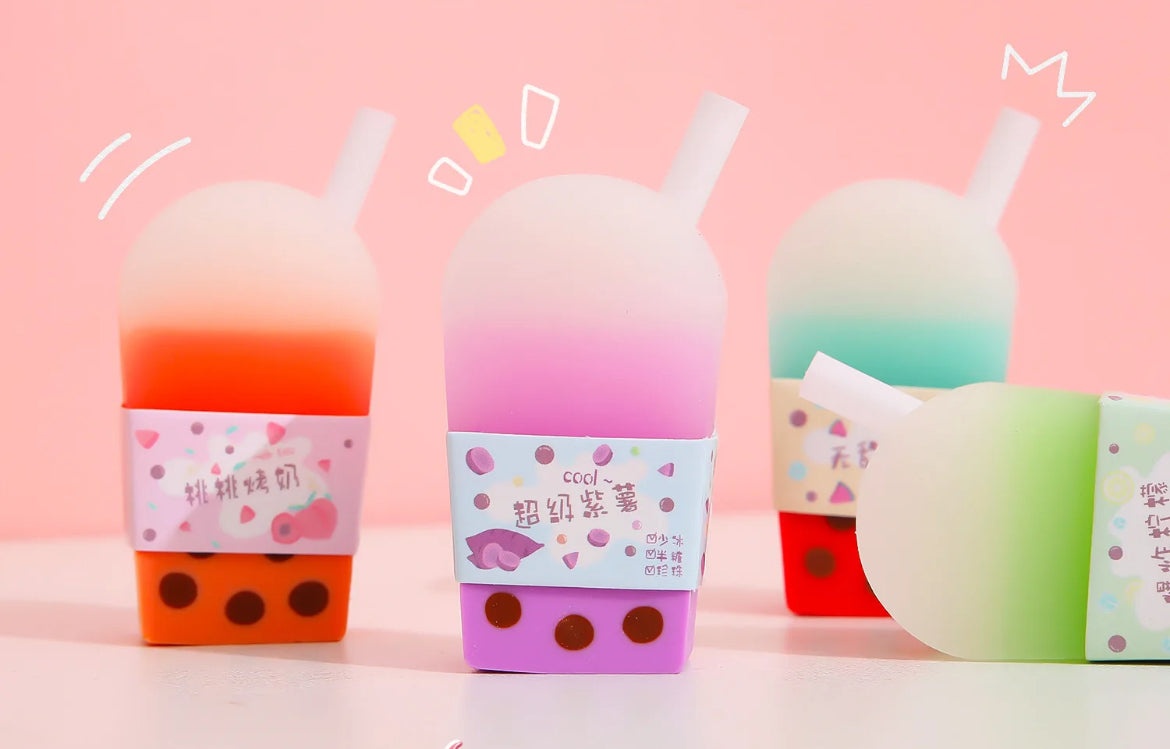 Kawaii Milk Tea & Watermelon Juice Erasers – Thai Tea, Milk Tea, Purple Milk Tea Erasers - Cute Boba Bubble Tea Erasers for Party Favors, School Supplies, Boba Lover Gifts, Birthday Goodie Bagsa Lover Gifts, Birthday Goodie Bags
