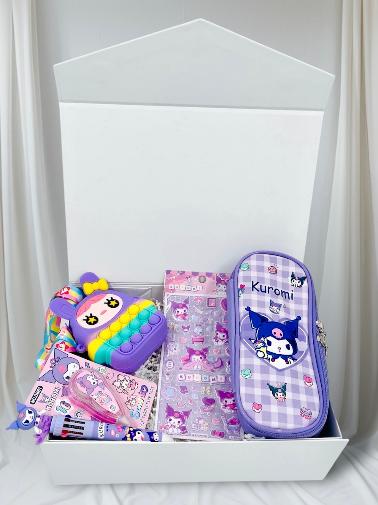 Kuromi Personalized Name Stationery Gift Box | Sanrio Stickers | Birthday Gift, Thank you Gift for her, classmates, kids | Fidget Bag