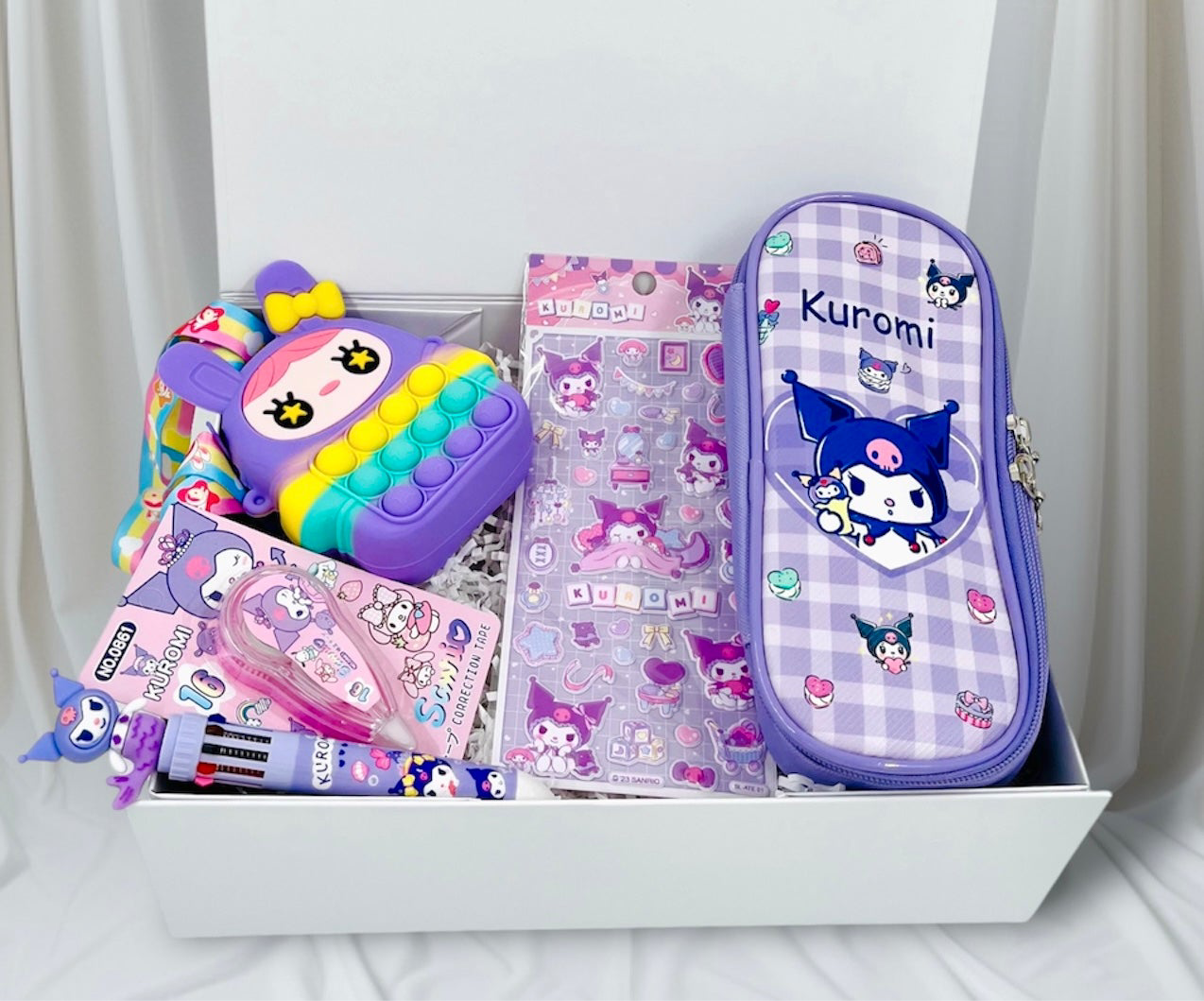 Kuromi Personalized Name Stationery Gift Box | Sanrio Stickers | Birthday Gift, Thank you Gift for her, classmates, kids | Fidget Bag