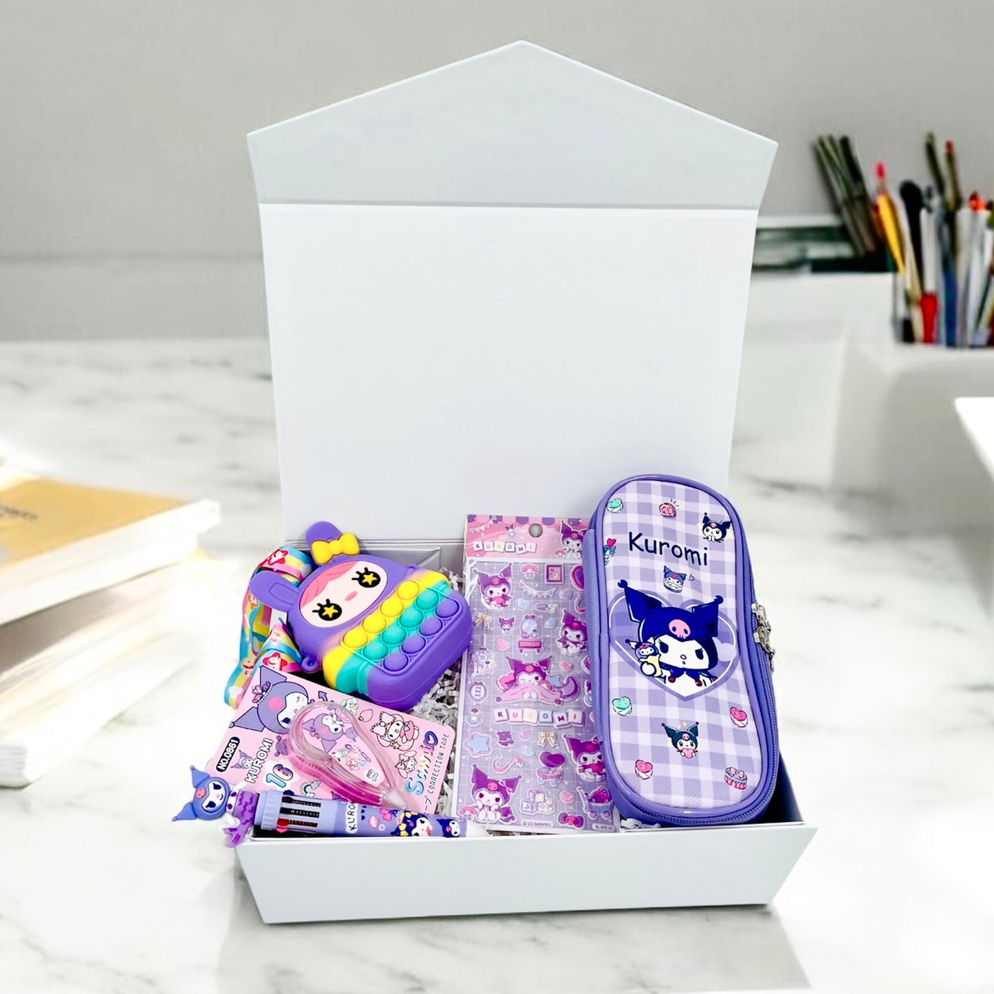 Kuromi Personalized Name Stationery Gift Box | Sanrio Stickers | Birthday Gift, Thank you Gift for her, classmates, kids | Fidget Bag