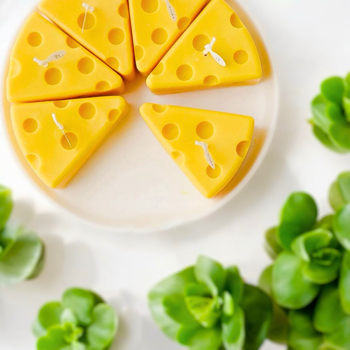Set of yellow cheese wedge scented candles arranged on a plate with succulents