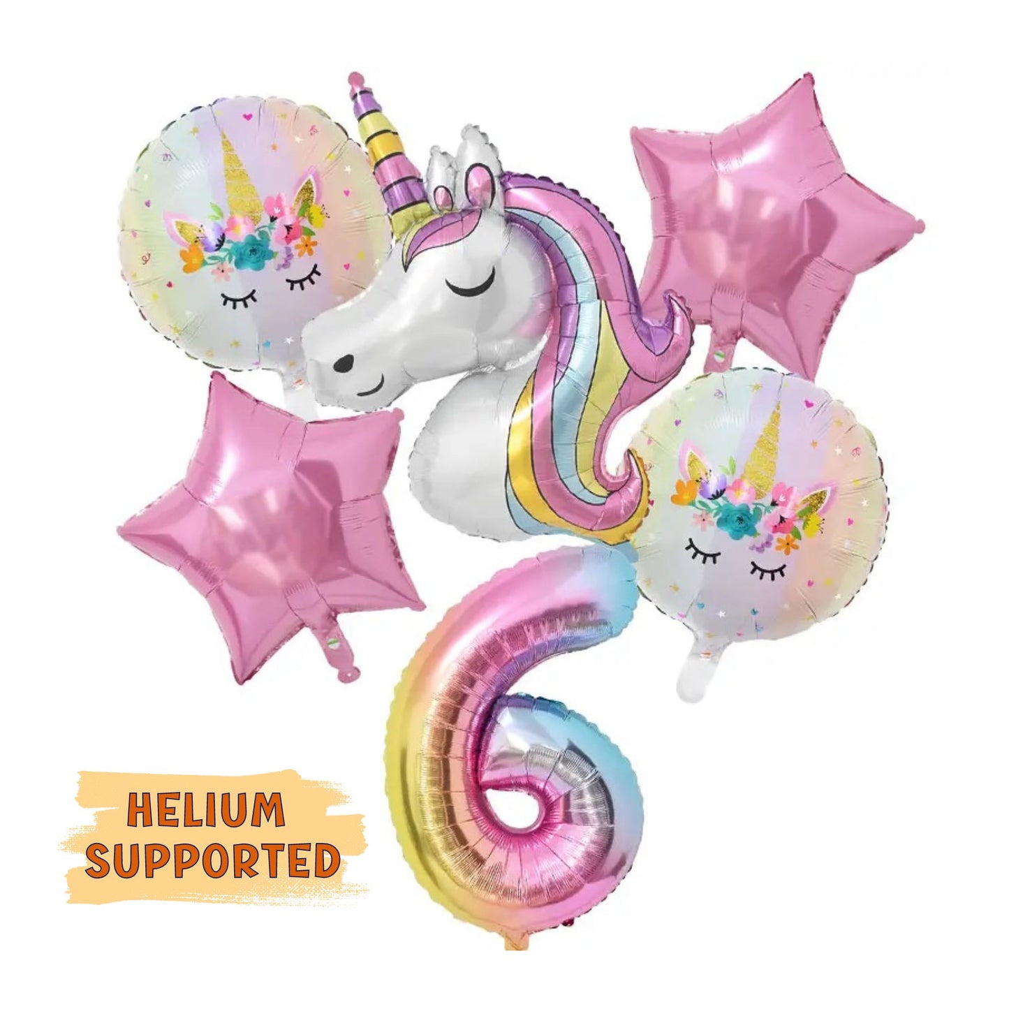 Unicorn Balloons, Rose Gold Stars, And Number Balloons - Set of 6 pcs - 3D Unicorn Balloons With Rose Star Balloons And 1 Jumbo Number Rainbow Balloon Of Choice - Helium Supported