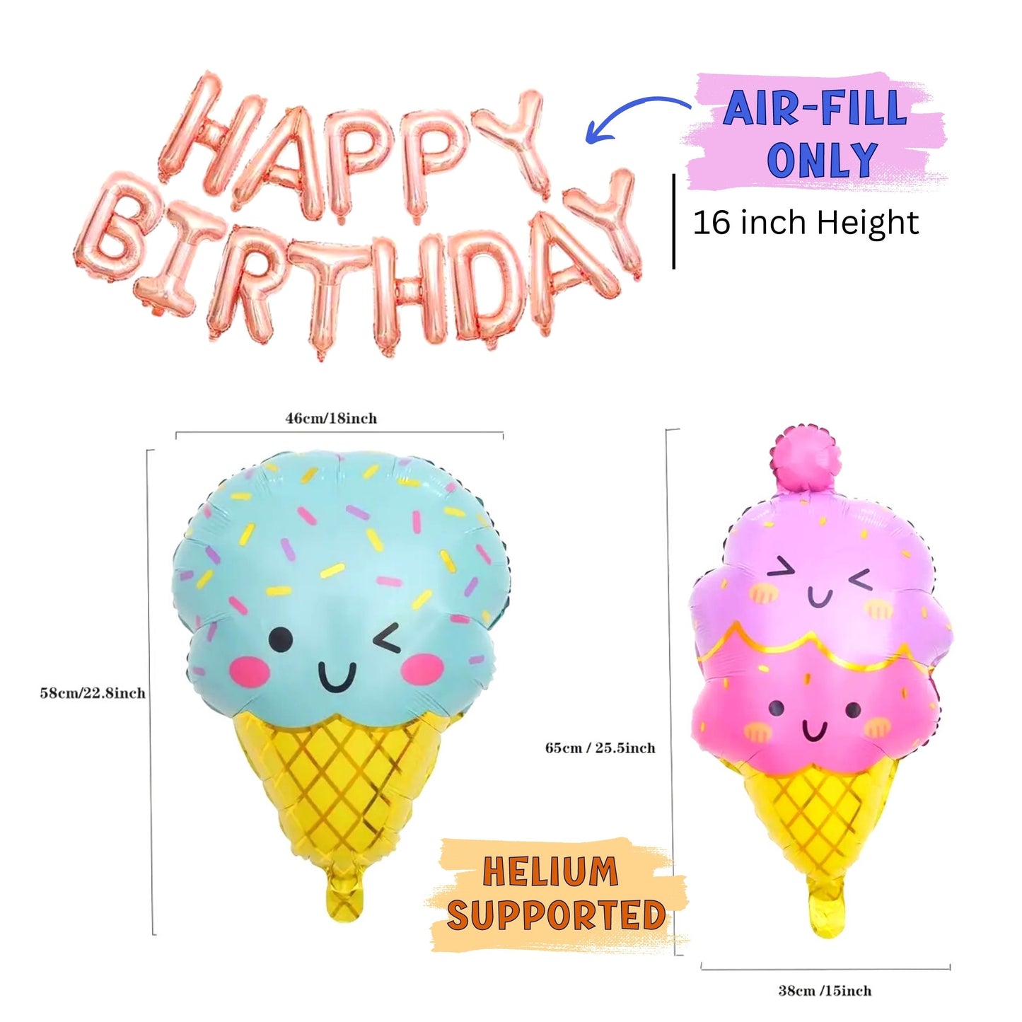 Sweet Candy anIce Cream Rainbow Macaron Balloon Kit with Rose Gold Happy Birthday Balloon - 128 Piece Party Bundle