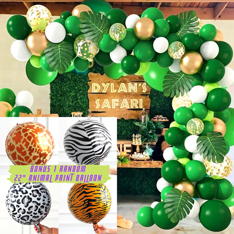 Green safari animal balloon garland kit styled for a birthday party