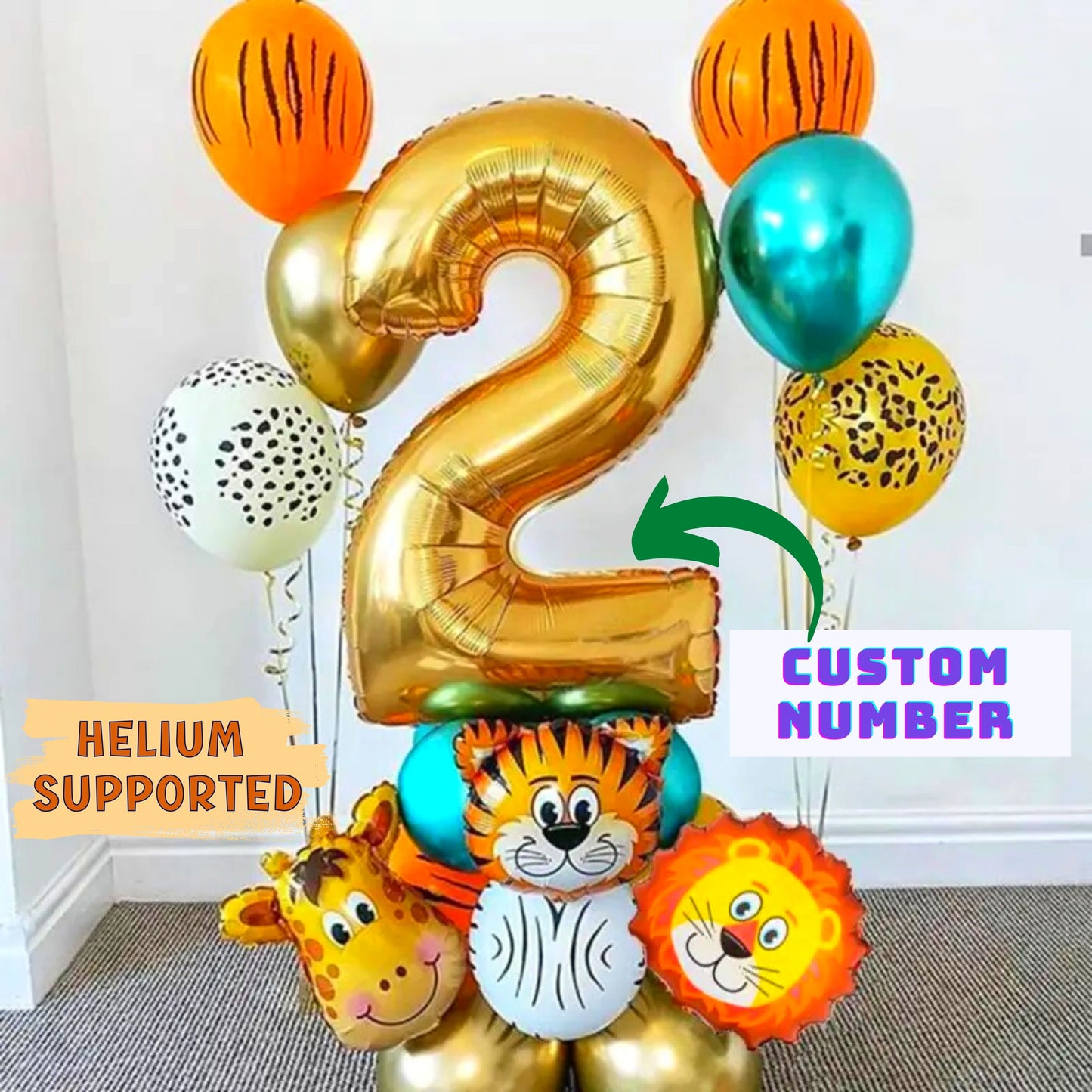 Safari Animals Birthday Balloons Kit - Set of 17 Items Including Giraffe, Tiger, Lion Foil Balloons, Printed Balloons, and Ribbons - Choose Your Desired Number Foil Balloon