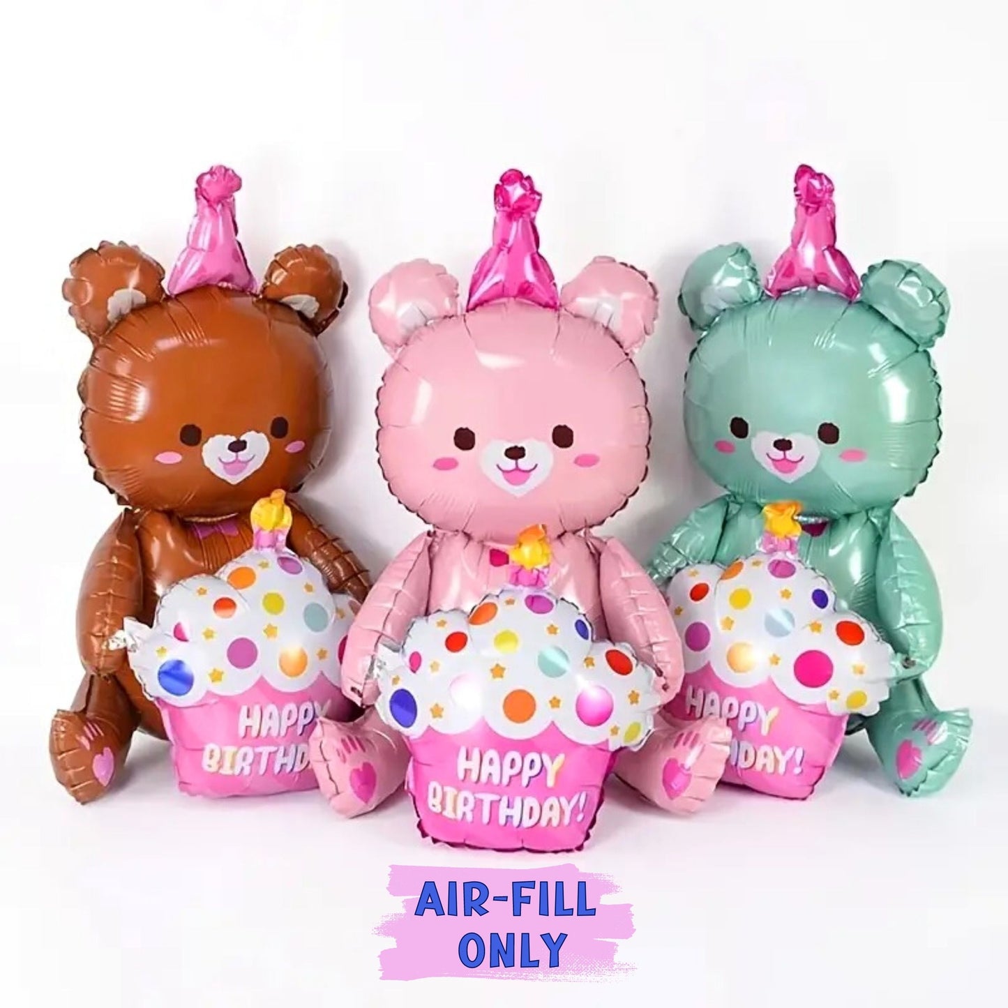 Self-Stand Jumbo 3D Bear Holding Birthday Cake Balloon - 23" or 31" Tall