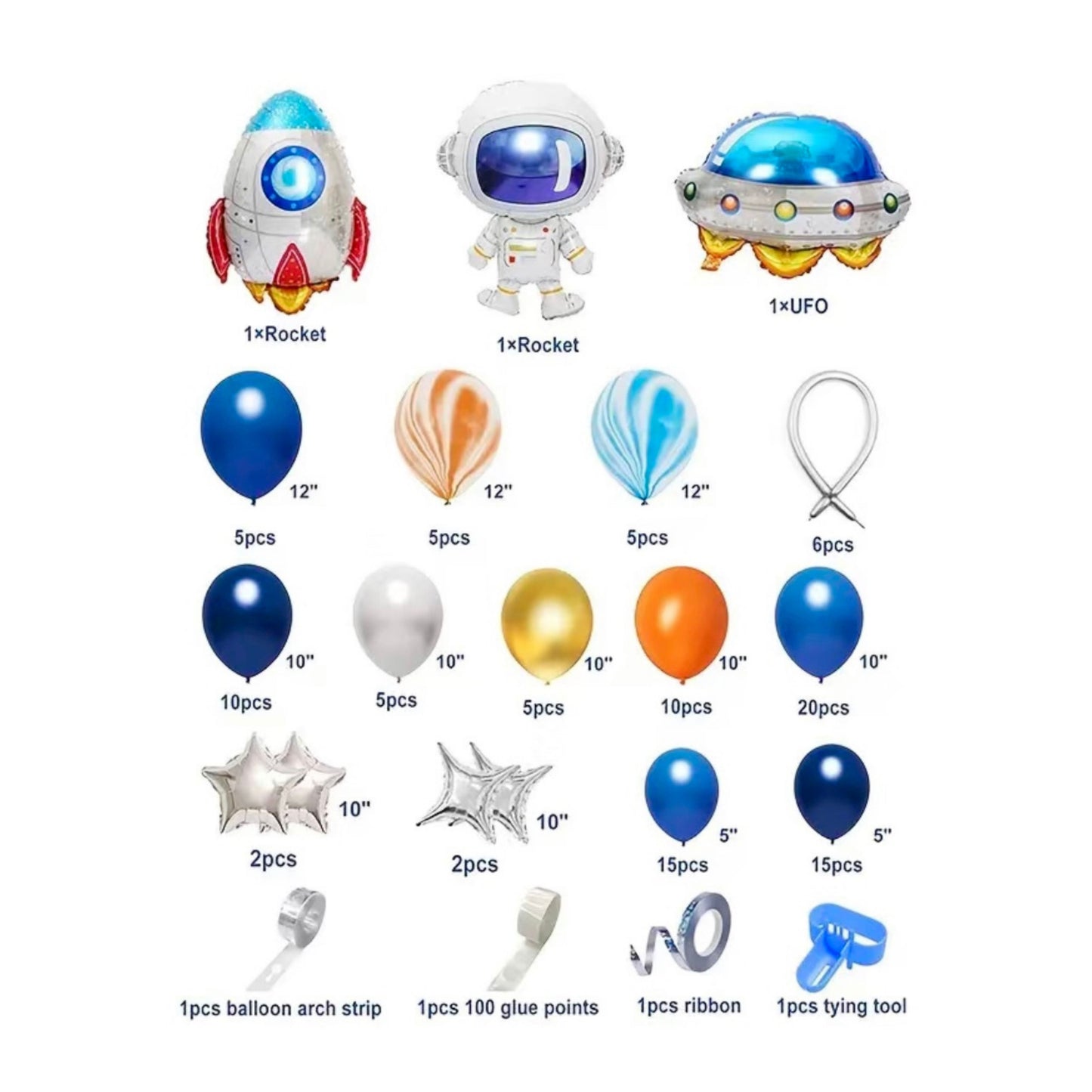 Space Astronaut Party Decoration Balloon Garland Set - UFO, Rocket, Astronaut, Navy Blue Silver Foil Latex Balloons - Helium Supported - 108 Pcs Bundle
