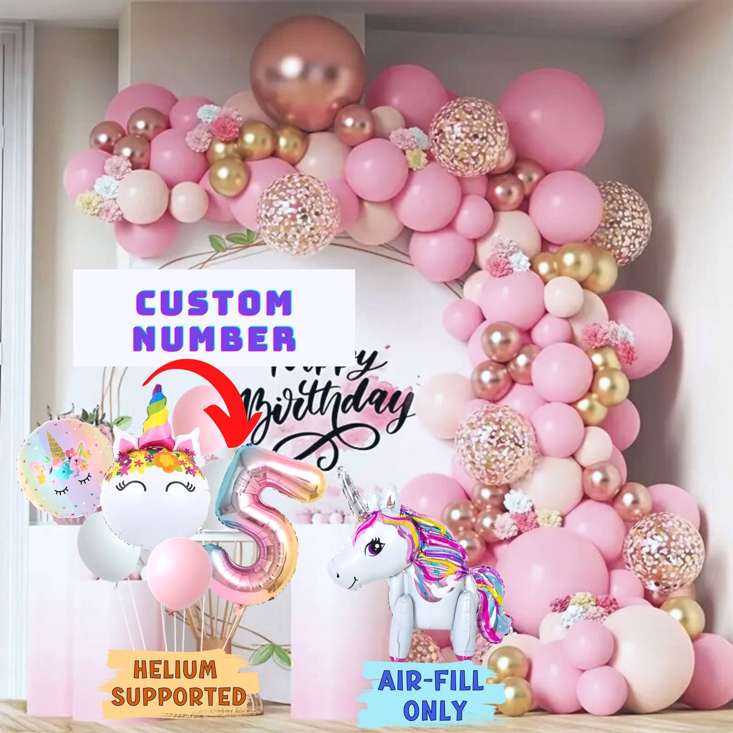 Unicorn Rose Pink Golden Balloon Garland Kit – 90 pcs – Premium Quality, Durable Balloons