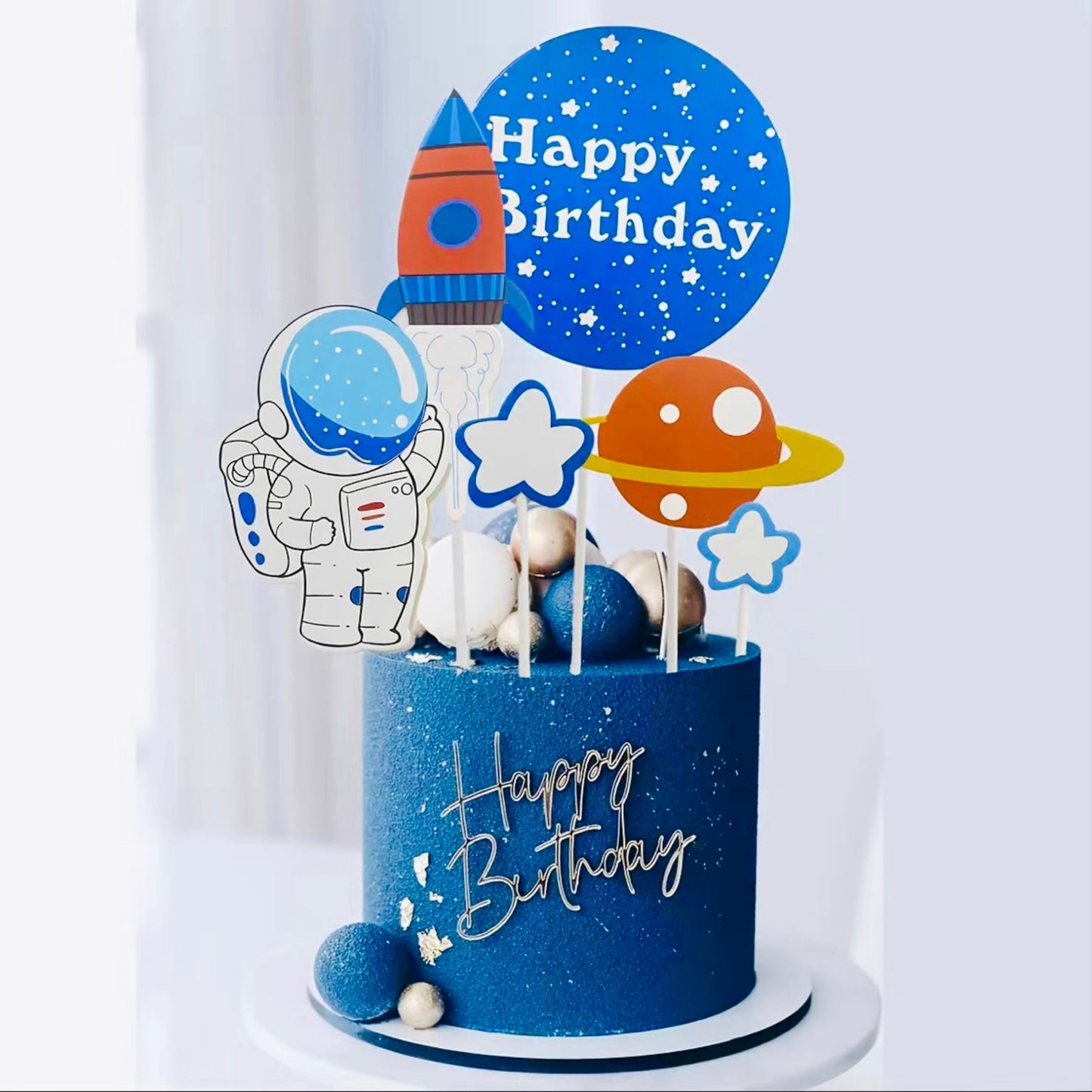 Astronaut Planets Rockets Birthday Cake Topper Set - 6 Pieces Bundle - Space Birthday Theme Decoration