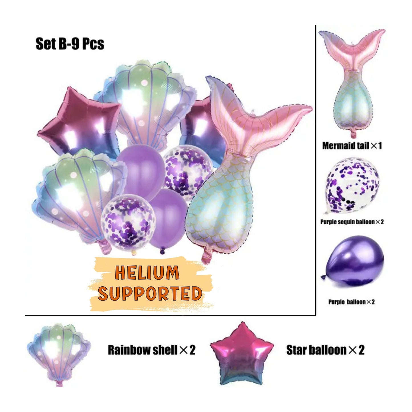 Mermaid Tail & Seashells Balloon Set – 9 pcs | 22"–32" Foil Balloons - Under the Sea Birthday & Ocean Theme Party Decor Kit