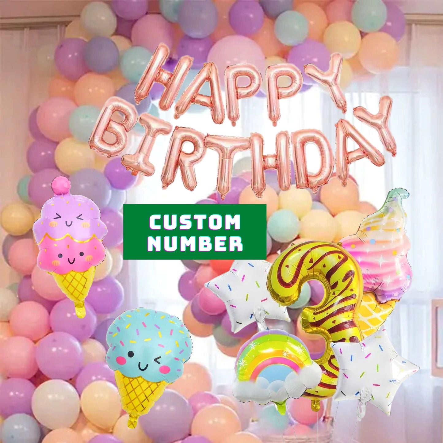 Sweet Candy anIce Cream Rainbow Macaron Balloon Kit with Rose Gold Happy Birthday Balloon - 128 Piece Party Bundle