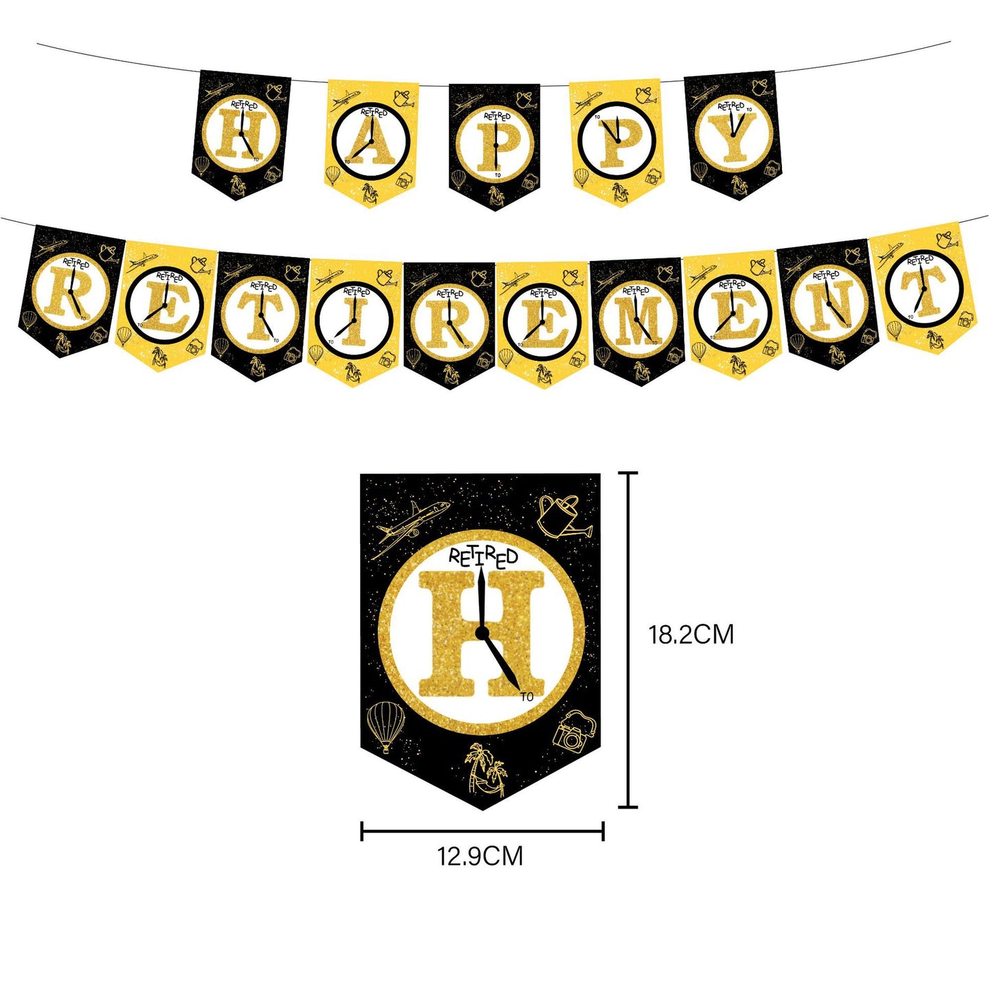 Happy Retirement Party Decorations Tableware Set – Black & Gold Banner, Cake Toppers, Plates, Cups, Napkins, Balloons & More – Complete Set for Retirement Celebrations
