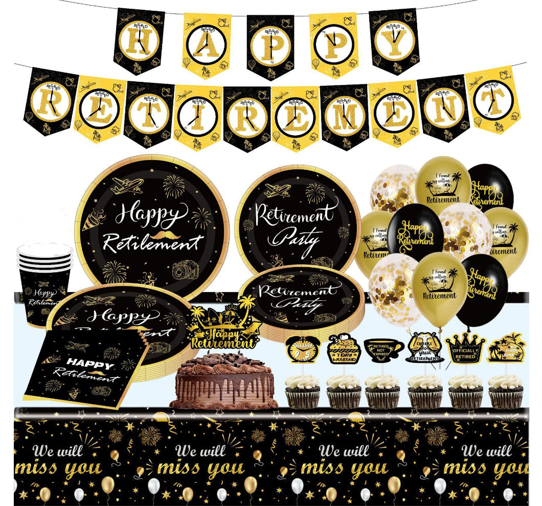 Happy Retirement Party Decorations Tableware Set – Black & Gold Banner, Cake Toppers, Plates, Cups, Napkins, Balloons & More – Complete Set for Retirement Celebrations