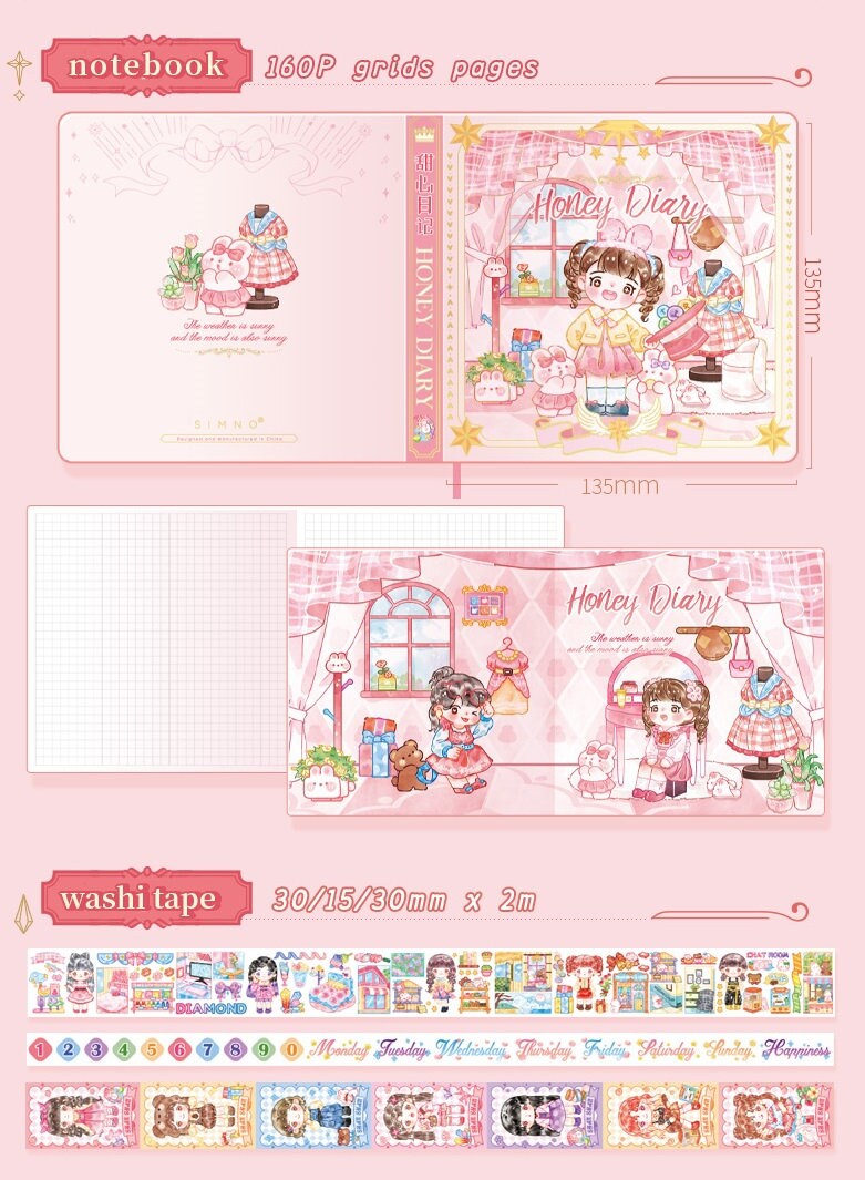 Kawaii Washi Tape 100+ Stickers Set 10x14 | Washi Tape Stickers Memo | Stationary Gift Set | Scrapbooking Notebook Memo | Birthday Gift Idea