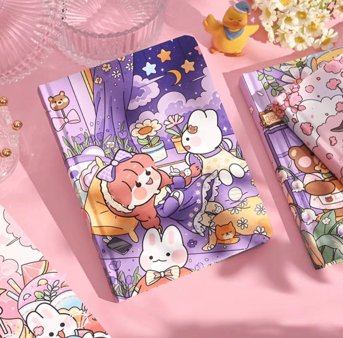 Pink and Purple Bunny Diary Notebook | 5"x7" 80 pages | Cute Notebook | Cherry Blossom Notebook | Kid NotebookAnime Lover Birthday Gift