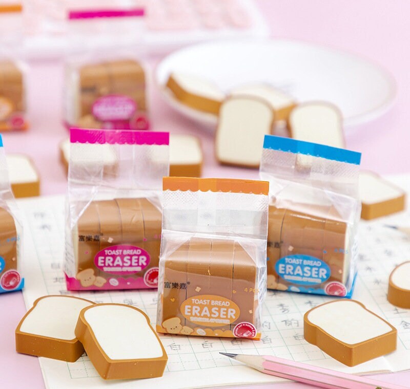 Cute Bread Loaf Erasers | Set of 4 Mini Erasers | Kawaii Bread Erasers | Fun Eraser | School Supplies | Birthday Gift | Food Lover Gift