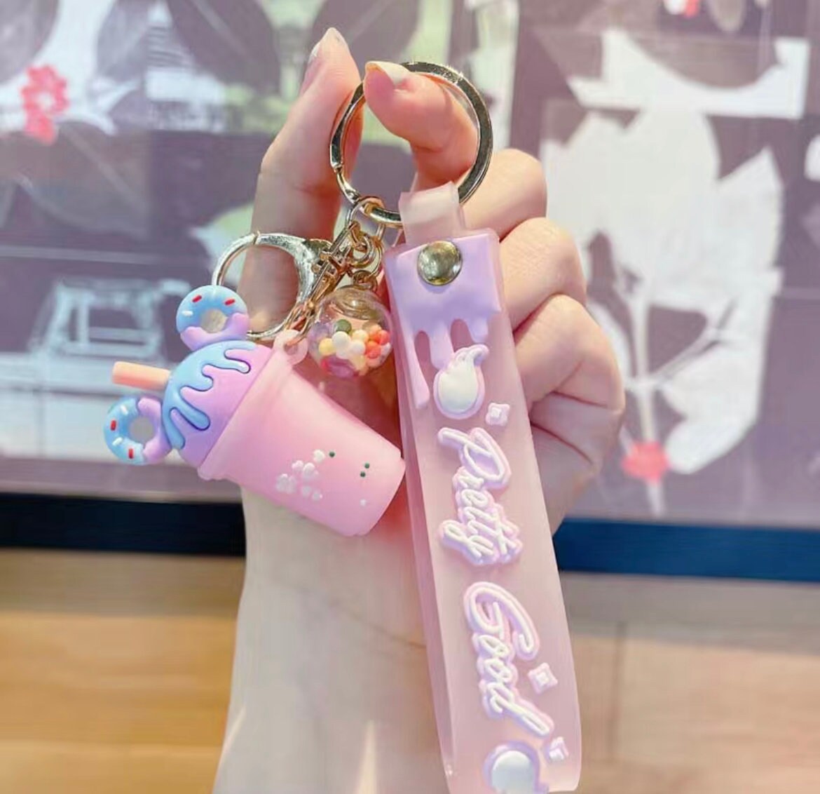Kawaii Frappucino Keychain | Kawaii Pink Bunny Keychain | Cafe Latte Frappucino Key Ring | Donut Keychain | Pink Teddy Bear Keychain