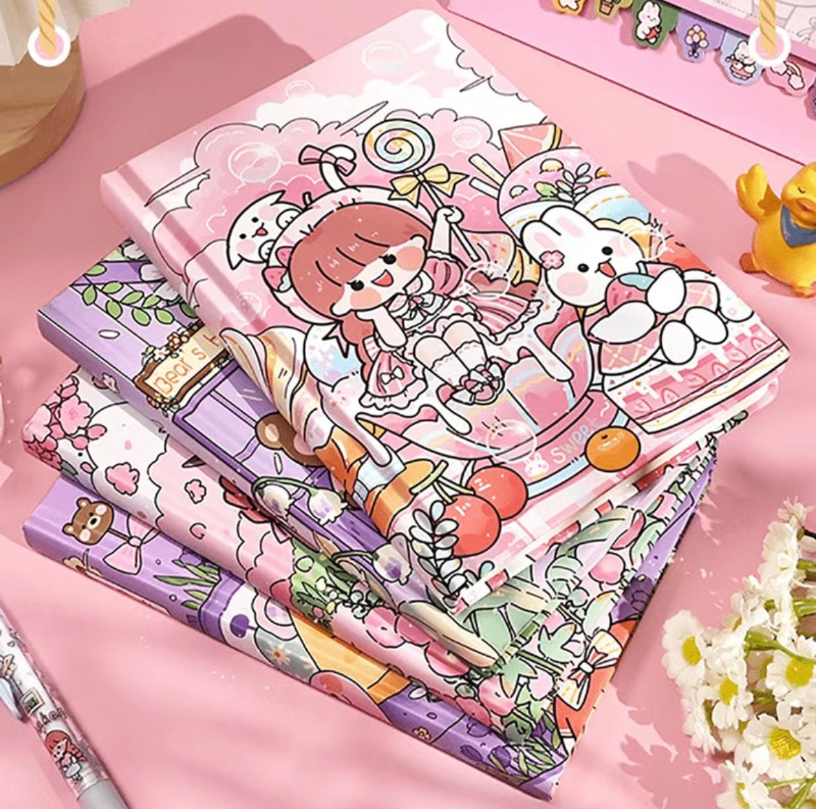 Pink and Purple Bunny Diary Notebook | 5"x7" 80 pages | Cute Notebook | Cherry Blossom Notebook | Kid NotebookAnime Lover Birthday Gift