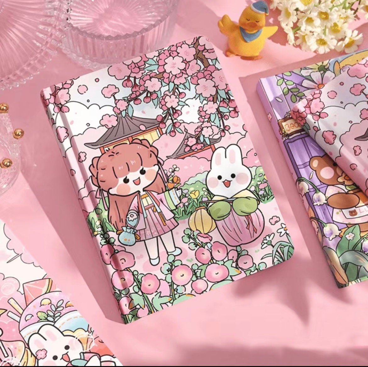 Pink and Purple Bunny Diary Notebook | 5"x7" 80 pages | Cute Notebook | Cherry Blossom Notebook | Kid NotebookAnime Lover Birthday Gift