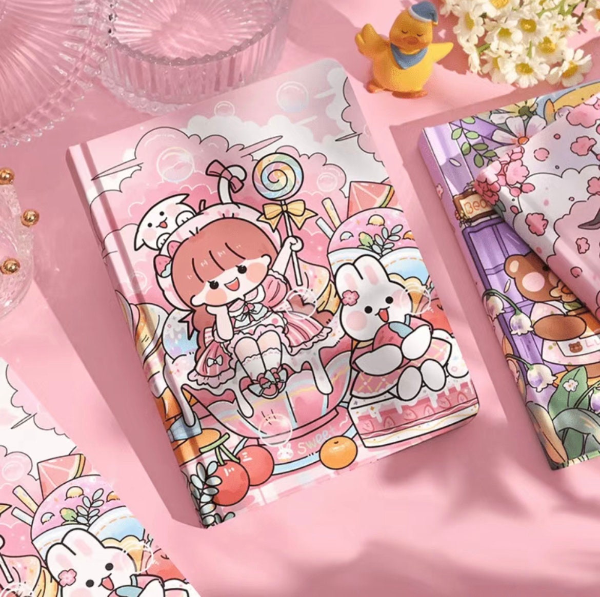 Pink and Purple Bunny Diary Notebook | 5"x7" 80 pages | Cute Notebook | Cherry Blossom Notebook | Kid NotebookAnime Lover Birthday Gift