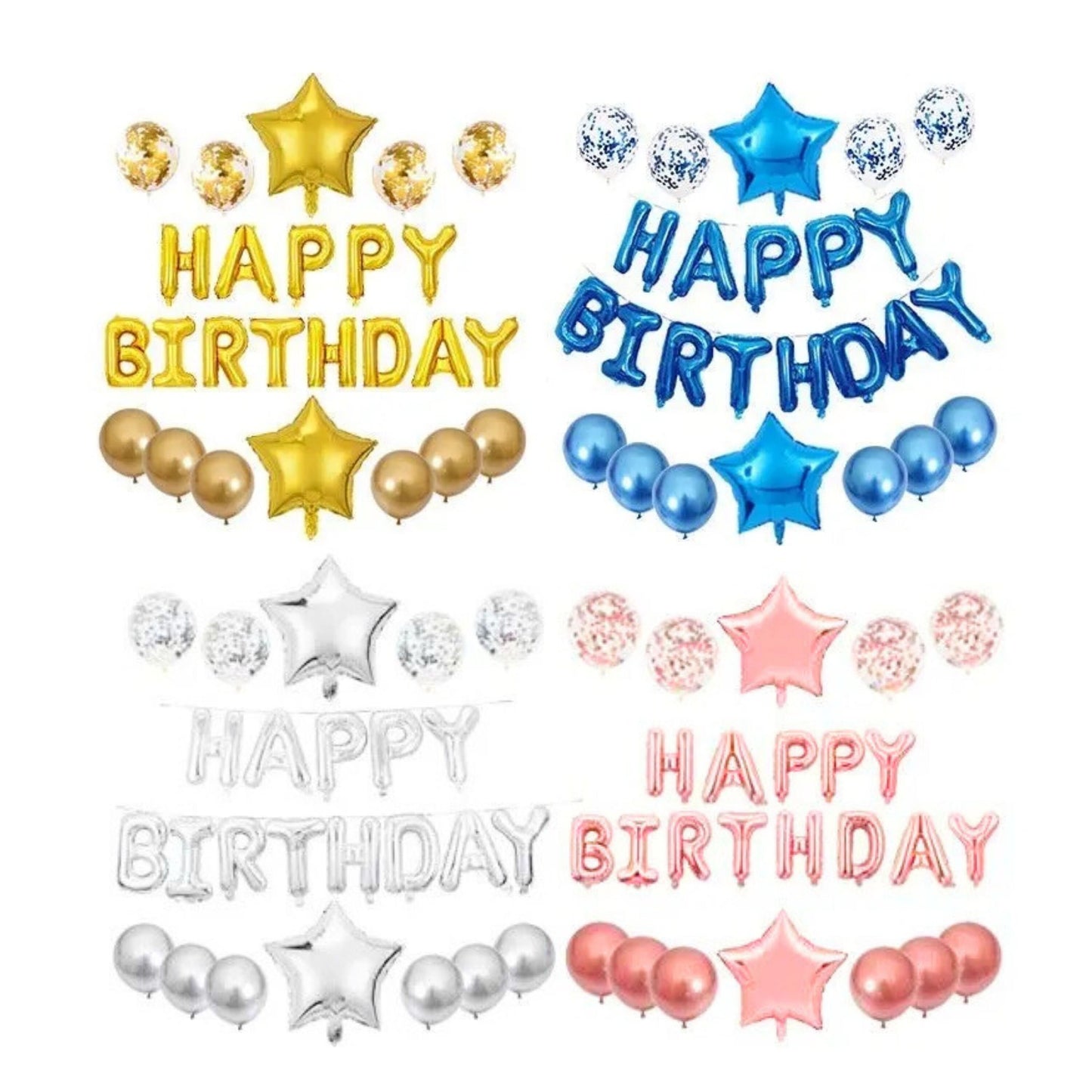 Any Number Happy Birthday Balloon DIY Kit | Preset Balloons set | White, Rose Gold, Blue, Silver or Gold Choice + Star Balloons + Curtains