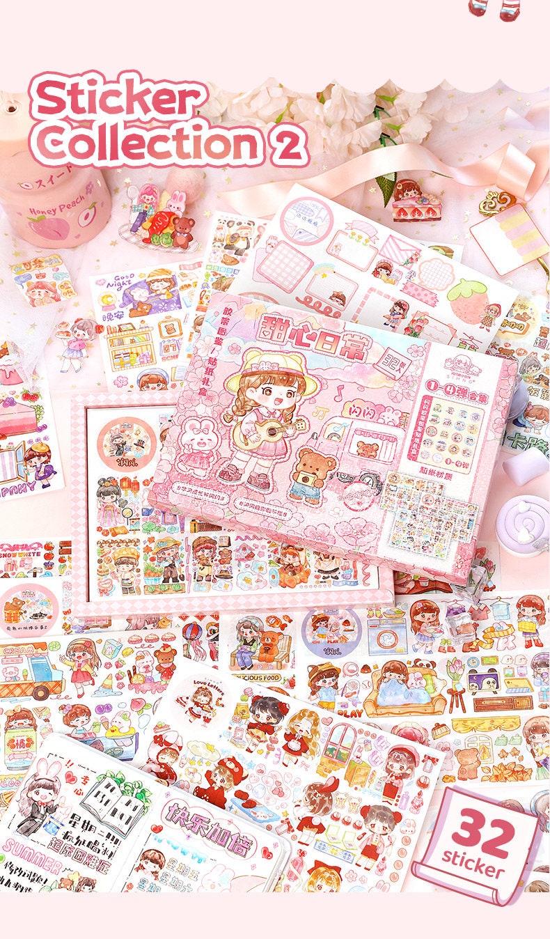Cute Travel Bear Girl Sticker Gift Set 7"x9" 200+ Pink and Purple Stickers Gift Box | Scrapbooking Set | Birthday Gift | Back to school