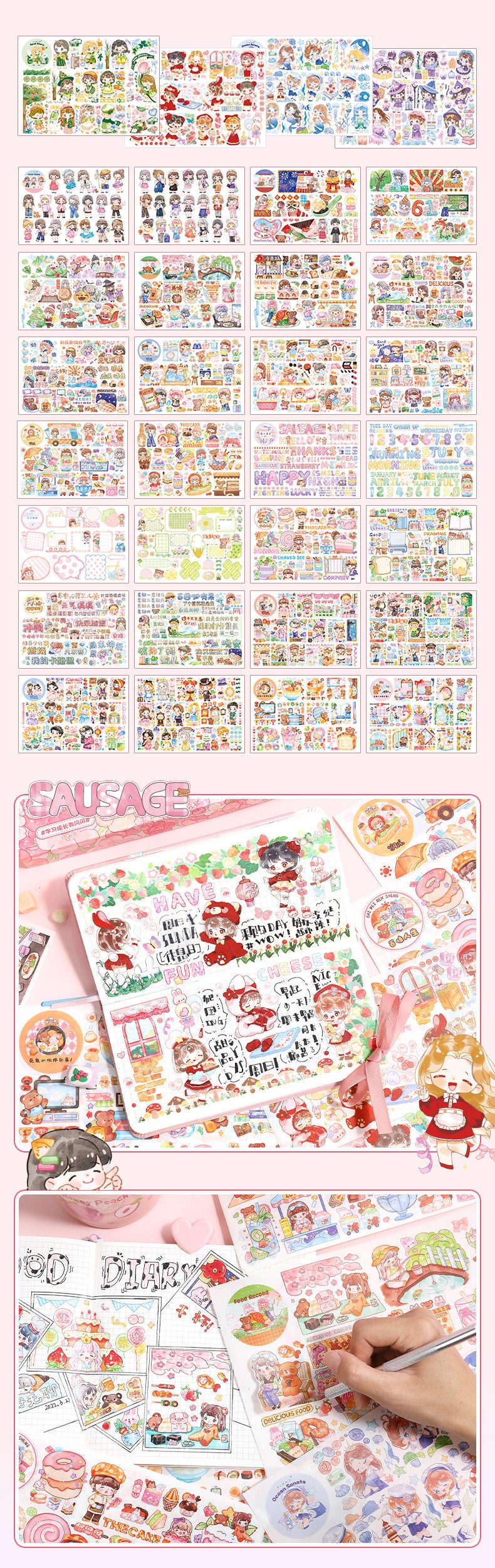 Cute Travel Bear Girl Sticker Gift Set 7"x9" 200+ Pink and Purple Stickers Gift Box | Scrapbooking Set | Birthday Gift | Back to school