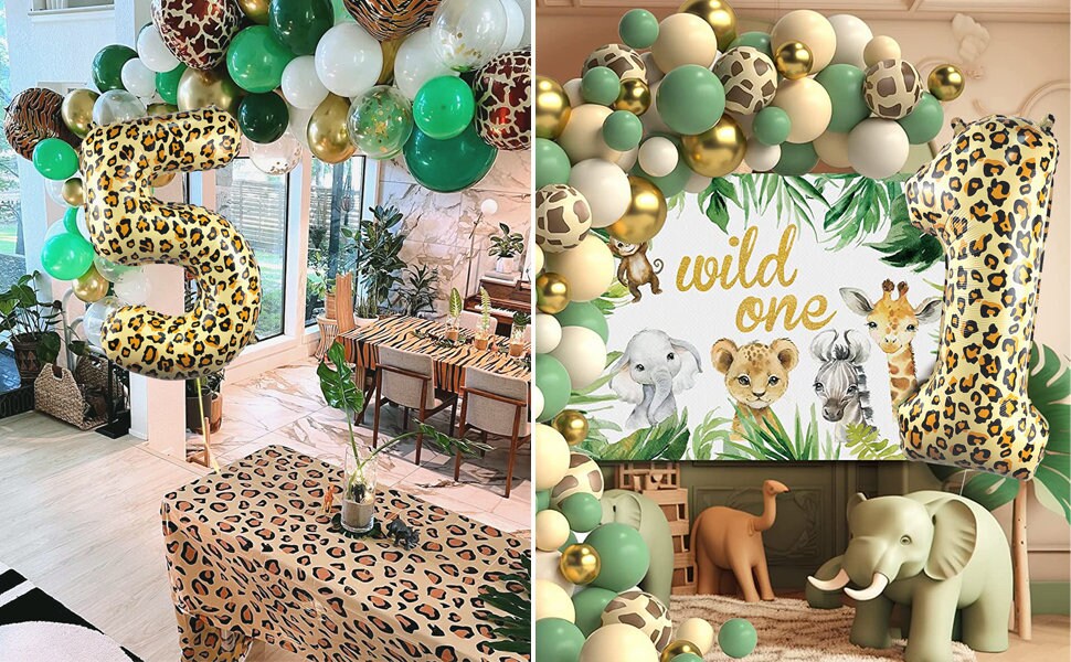 Animal Print Number Foil Balloons - 32'' Tall Balloon – Wild One, Wild Two Jungle Birthday Theme – Jumbo 32" Leopard Jaguar Balloons – Safari Party Decor – Best Seller
