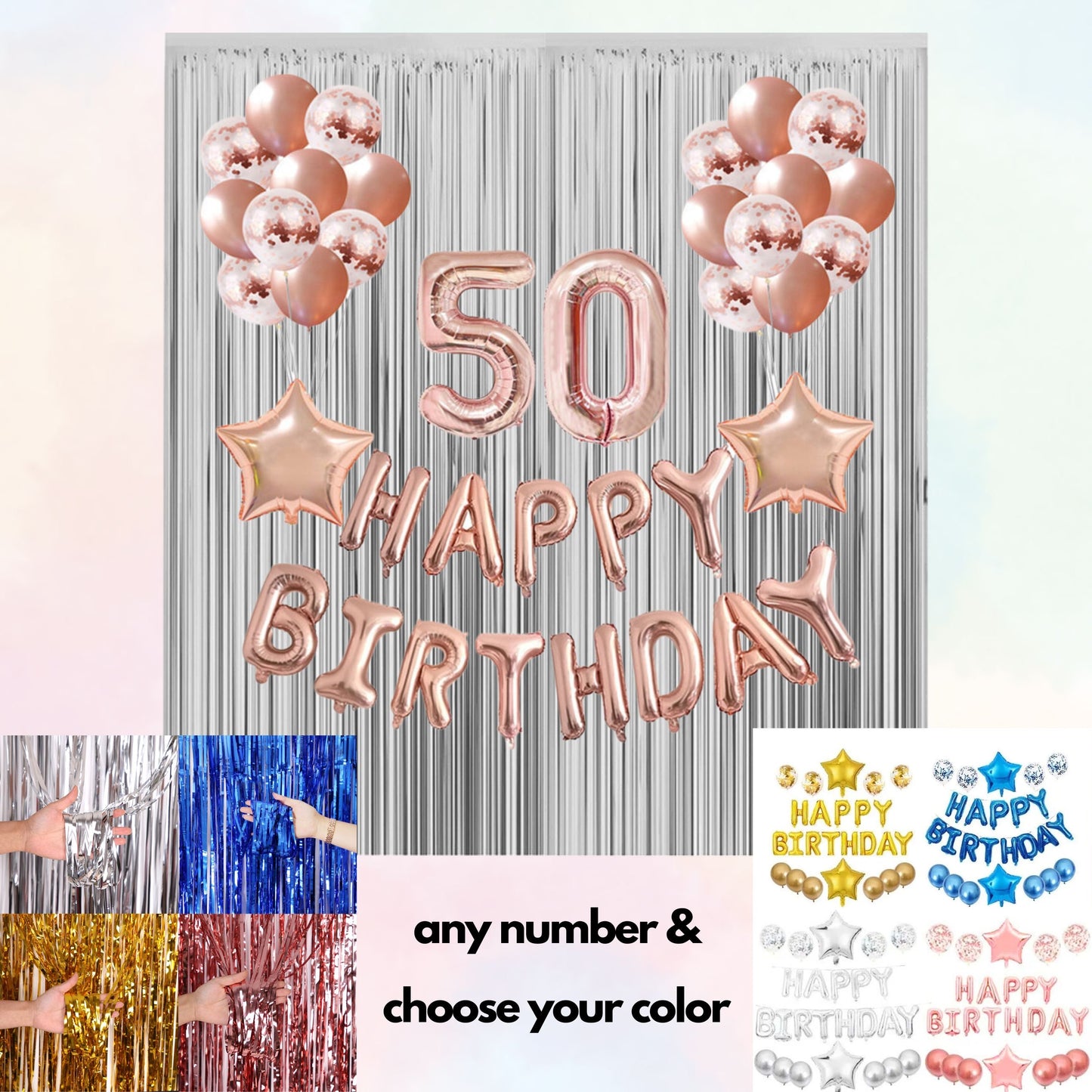 Any Number Happy Birthday Balloon DIY Kit | Preset Balloons set | White, Rose Gold, Blue, Silver or Gold Choice + Star Balloons + Curtains
