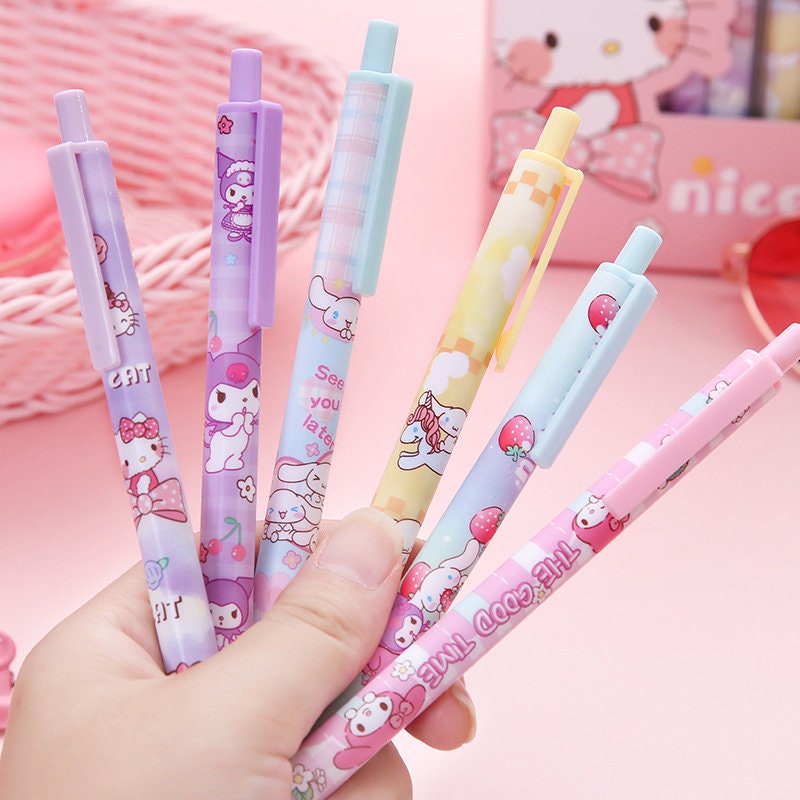 Sanrio 6 Gel Pens Set – Kuromi, Cinnamoroll, Hello Kitty & My Melody, Black Ink, Kawaii Stationery for Back-to-School and Gifts