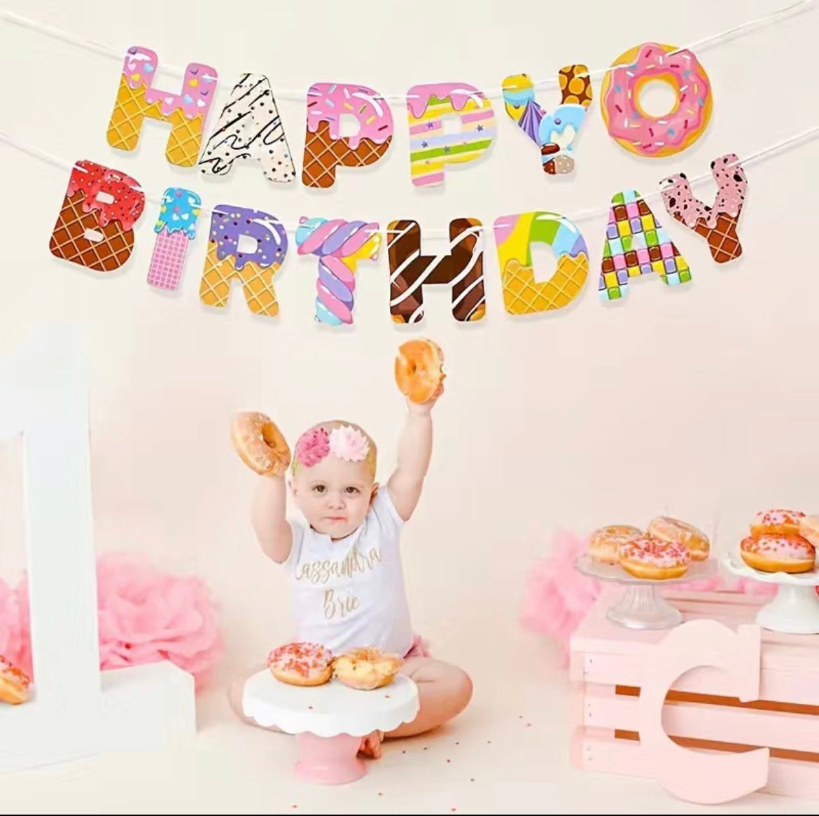 Sweet Donut Birthday Banner – Colorful Happy Birthday Sign for Kids Birthday Parties – Donut-Themed Party Decor