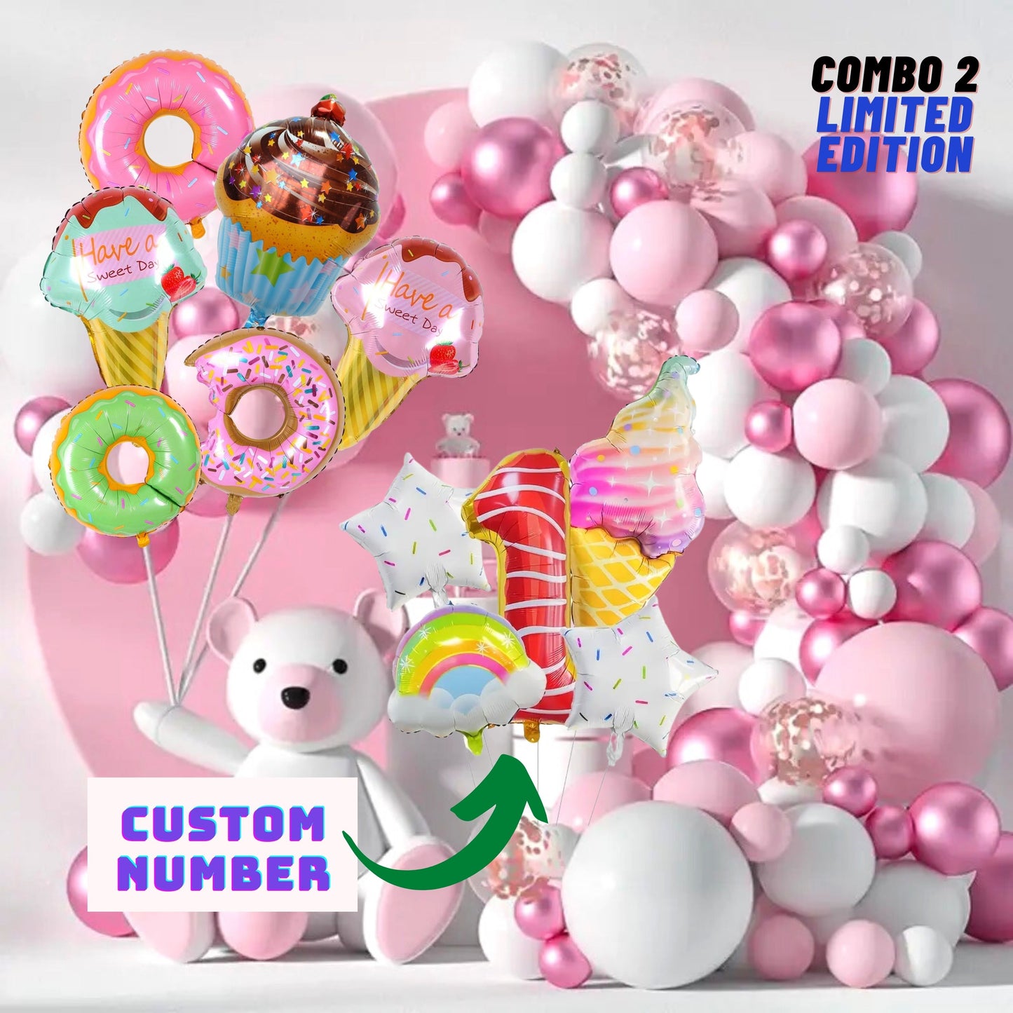 Sweet Donut & Ice Cream Birthday Balloon Garland DIY Kit – 140 pcs – Pink & White Balloon Garland for Girl's Birthday, Sweet One Party