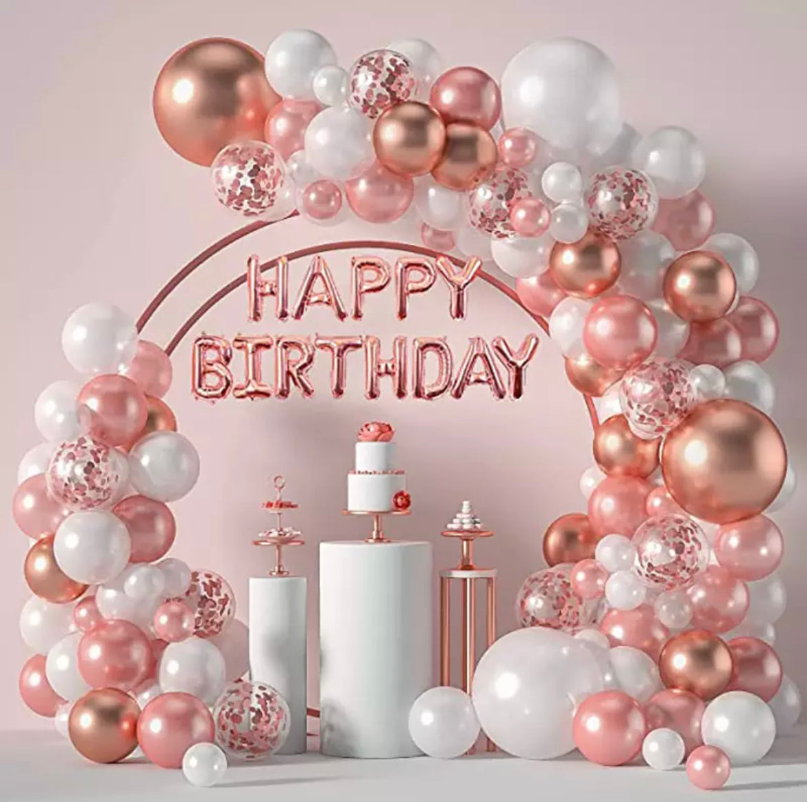 Rose Gold Pink and White Birthday Balloon Garland – 123 pcs – Pink White Metallic Pink Rose Golden Confetti Latex Balloons