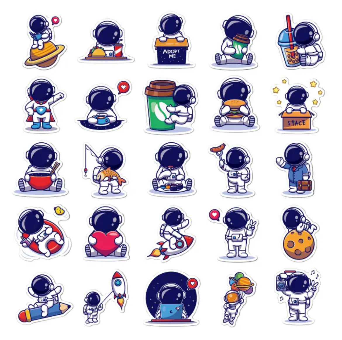 Space, Astronauts, UFO, Rockets Stickers Pack – 50 pcs – Food Lovers Style – Gifts & Birthday Favors – Space Theme Vinyl Stickers For Notebooks, Hydro Flasks, Helmets, Laptops, Skateboards