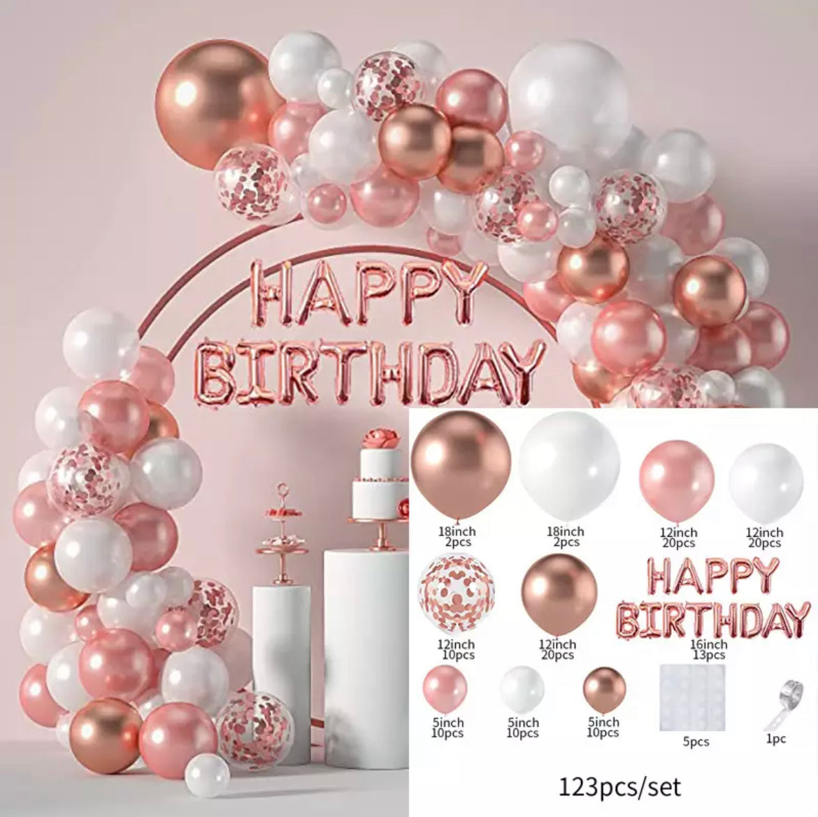 Rose Gold Pink and White Birthday Balloon Garland – 123 pcs – Pink White Metallic Pink Rose Golden Confetti Latex Balloons