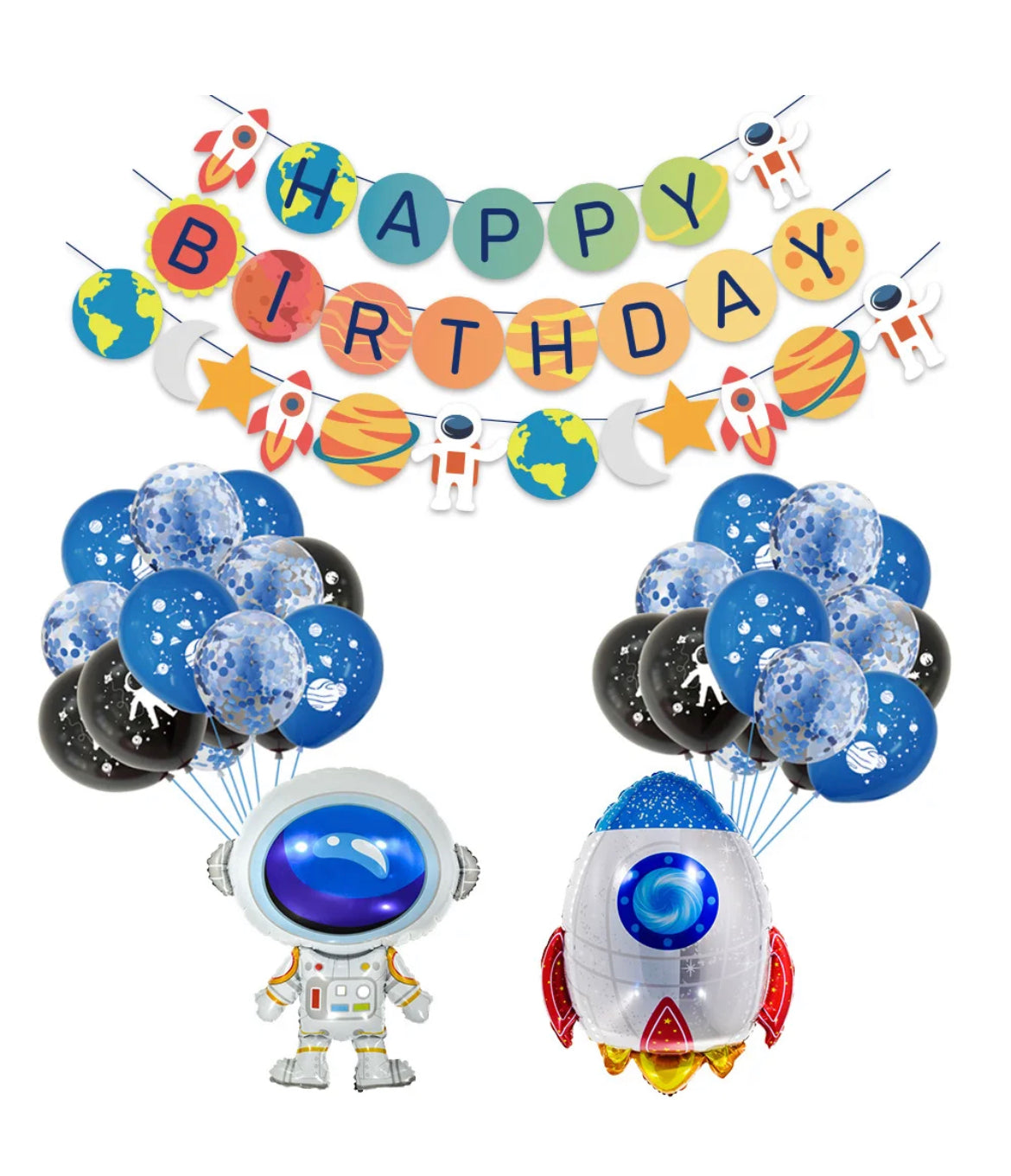 Space Party Decoration Balloon Set - 34 pcs – UFO, Rocket, Astronaut, Navy Blue & Silver Foil Latex Balloons + Happy Birthday Space–Themed Banners – Helium Supported