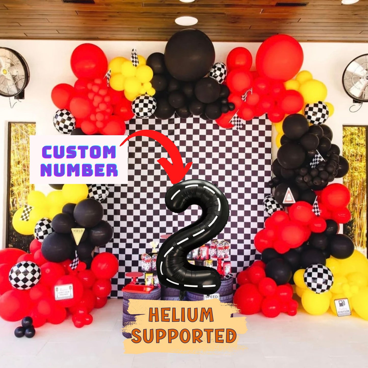 Car Racing Theme Party Balloon Garland – 106 pcs – Black Number Balloon Of Choice – Car Racing Themed Birthday / Baby Showers Decoration – Helium Supported