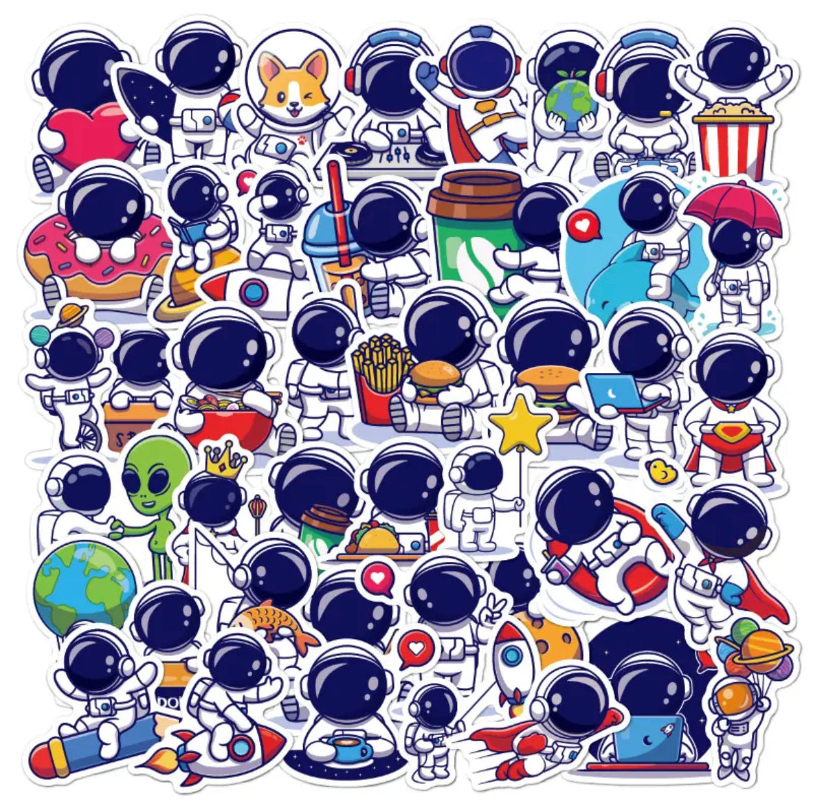 Space, Astronauts, UFO, Rockets Stickers Pack – 50 pcs – Food Lovers Style – Gifts & Birthday Favors – Space Theme Vinyl Stickers For Notebooks, Hydro Flasks, Helmets, Laptops, Skateboards