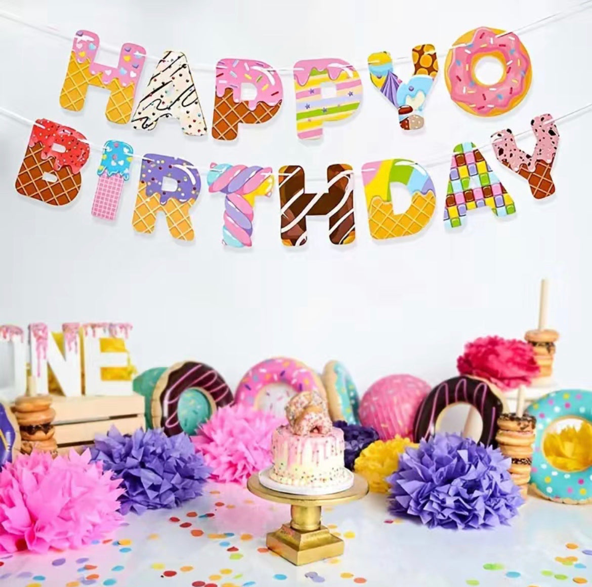 Donut Happy Birthday Banner - 15 Donut Letter Cards + Ribbon | Party Wall Decor For Kids Birthday, Baby Shower