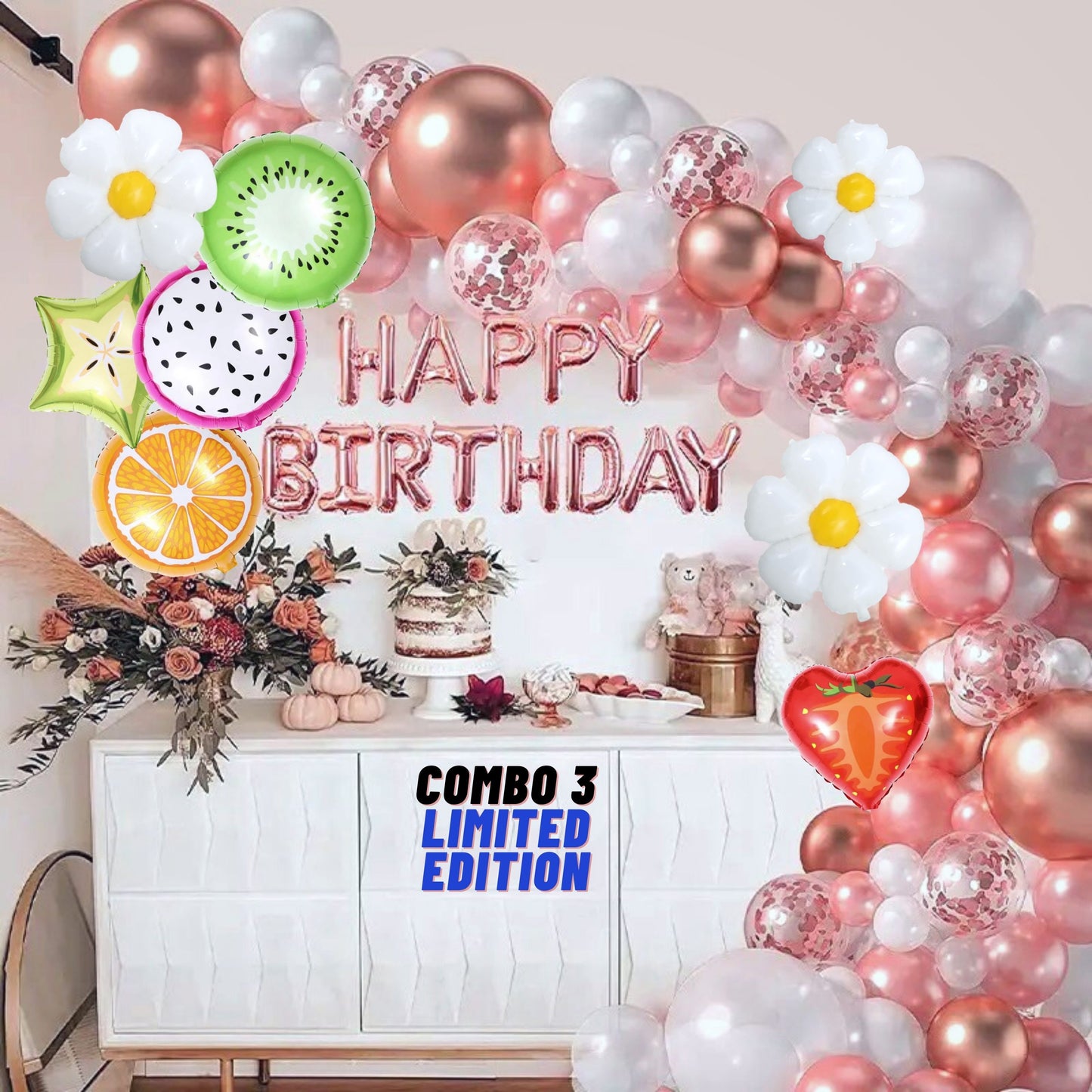 Summer Fruit Balloon Garland DIY Kit – 18" Tropical Fruit & Daisy Balloons - Rose Gold "Happy Birthday" and Pink Balloons for Summer Parties