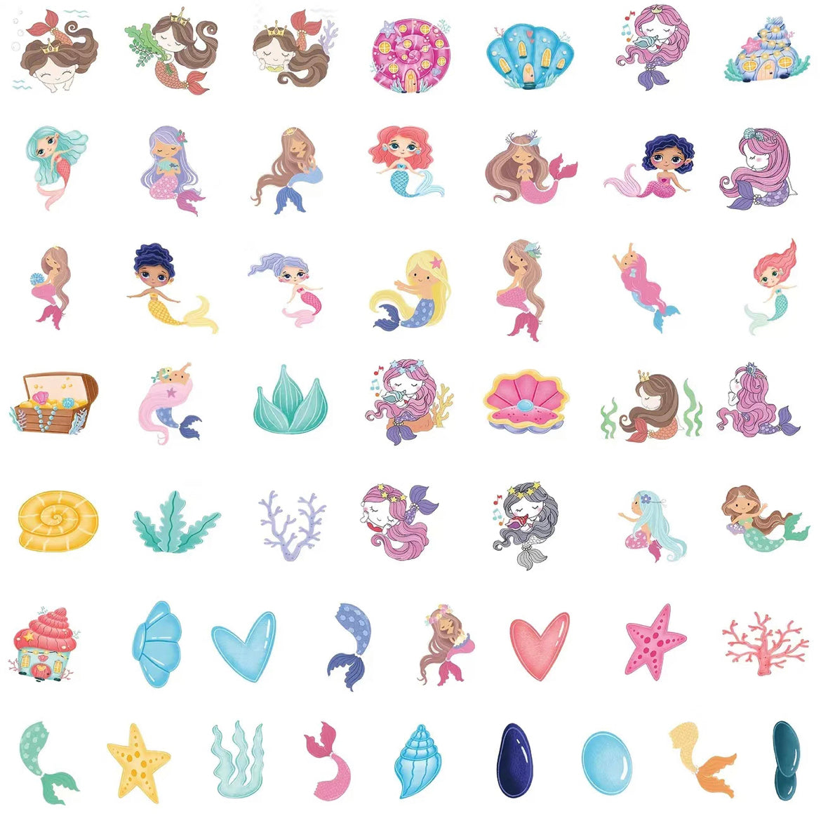 Mermaid Princess Stickers Pack – 50 pcs – Cartoon Style 2 – Gifts & Birthday Favors - Mermaid Theme Vinyl Stickers For Notebooks, Hydro Flasks, Helmets, Laptops, Skateboards