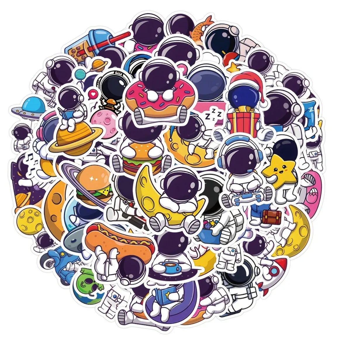 Space, Astronauts, UFO, Rockets Stickers Pack – 50 pcs – Food Lovers Style – Gifts & Birthday Favors – Space Theme Vinyl Stickers For Notebooks, Hydro Flasks, Helmets, Laptops, Skateboards