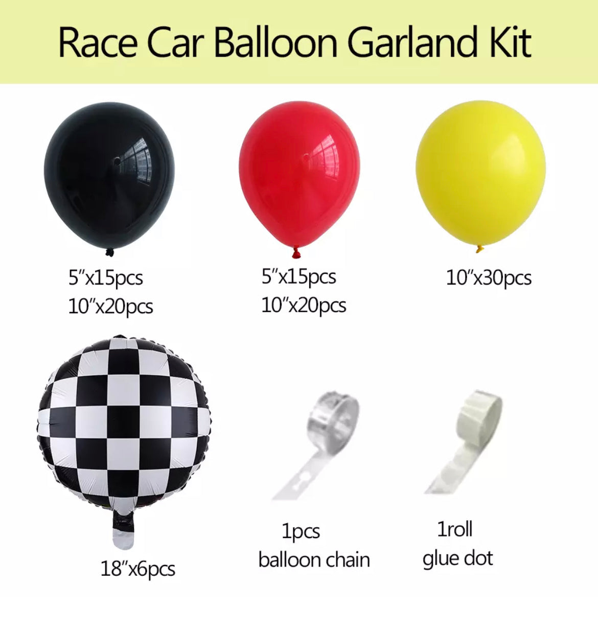 Car Racing Theme Party Balloon Garland – 106 pcs – Black Number Balloon Of Choice – Car Racing Themed Birthday / Baby Showers Decoration – Helium Supported