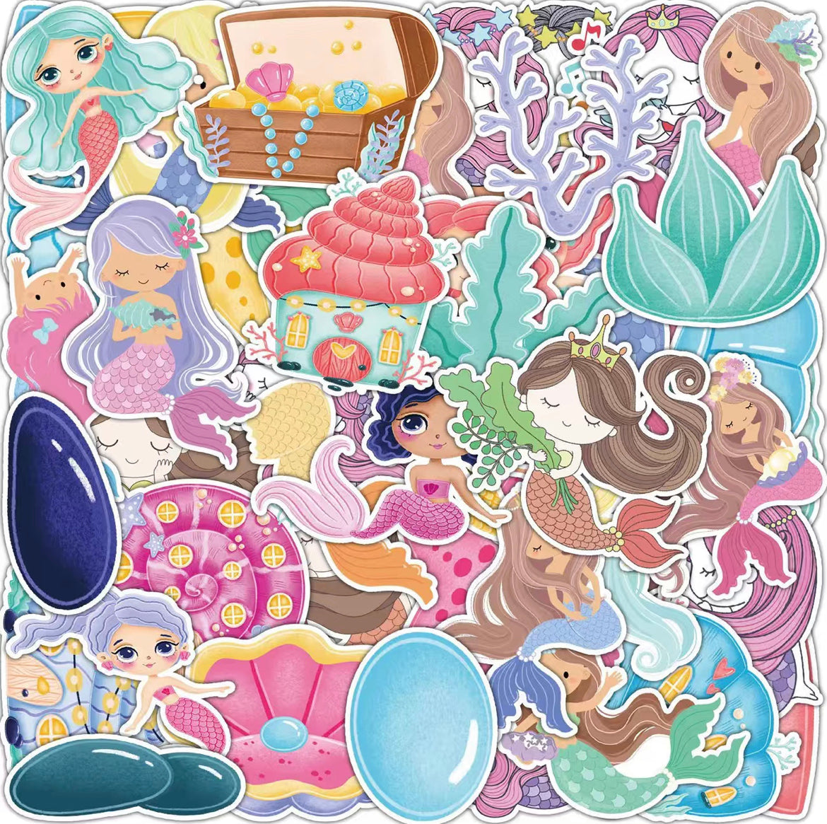 Mermaid Princess Stickers Pack – 50 pcs – Cartoon Style 2 – Gifts & Birthday Favors - Mermaid Theme Vinyl Stickers For Notebooks, Hydro Flasks, Helmets, Laptops, Skateboards