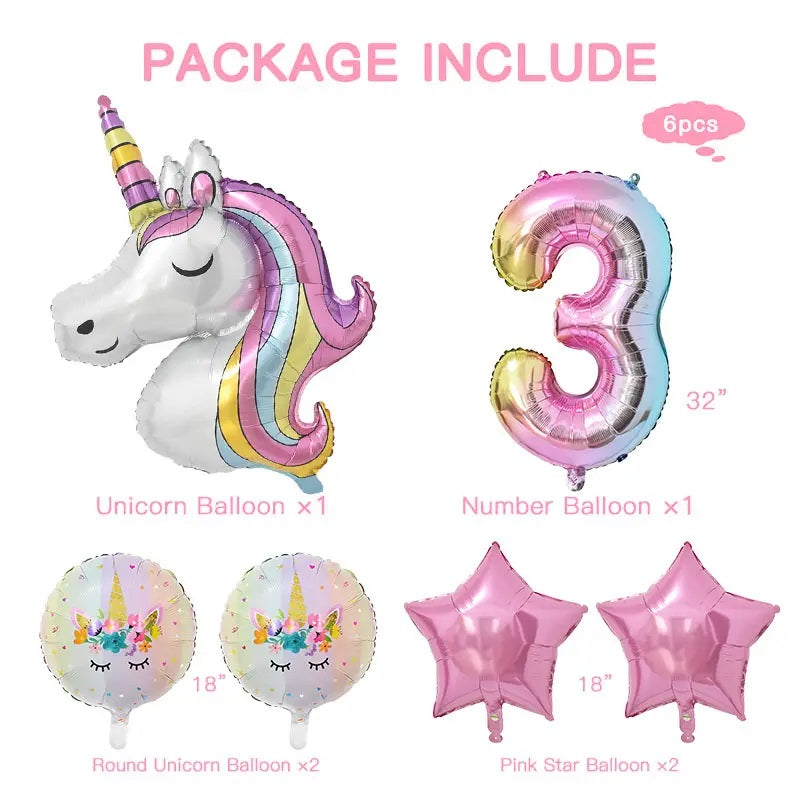 Unicorn Balloons, Rose Gold Stars, And Number Balloons - Set of 6 pcs - 3D Unicorn Balloons With Rose Star Balloons And 1 Jumbo Number Rainbow Balloon Of Choice - Helium Supported