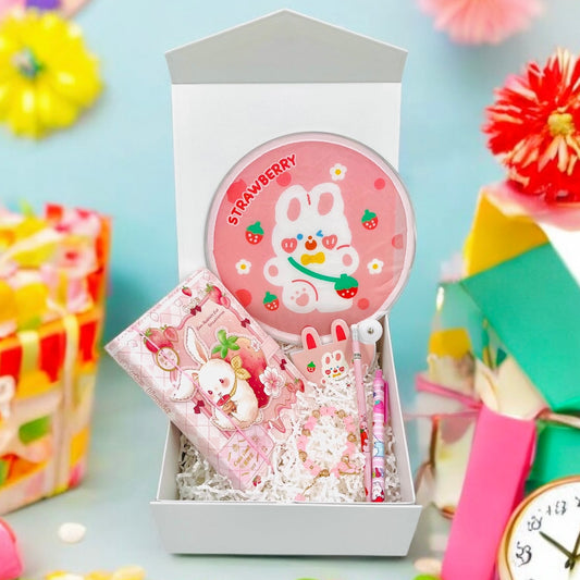 Strawberry Bunny Personalized Name Stationery Gift Box | Rabbit Notebook, Bracelet, Pen, Foldable Fan Gift for her, kids, and friends.
