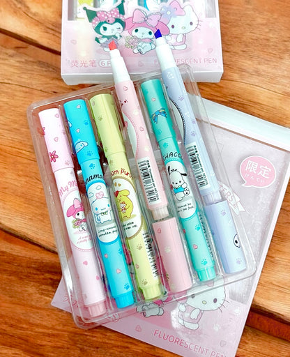 Sanrio Highlighter Set - Kuromi, Cinnamoroll, Hello Kitty, My Melody, Pompompurin - Pack of 6 Highlighters - Birthday Gift