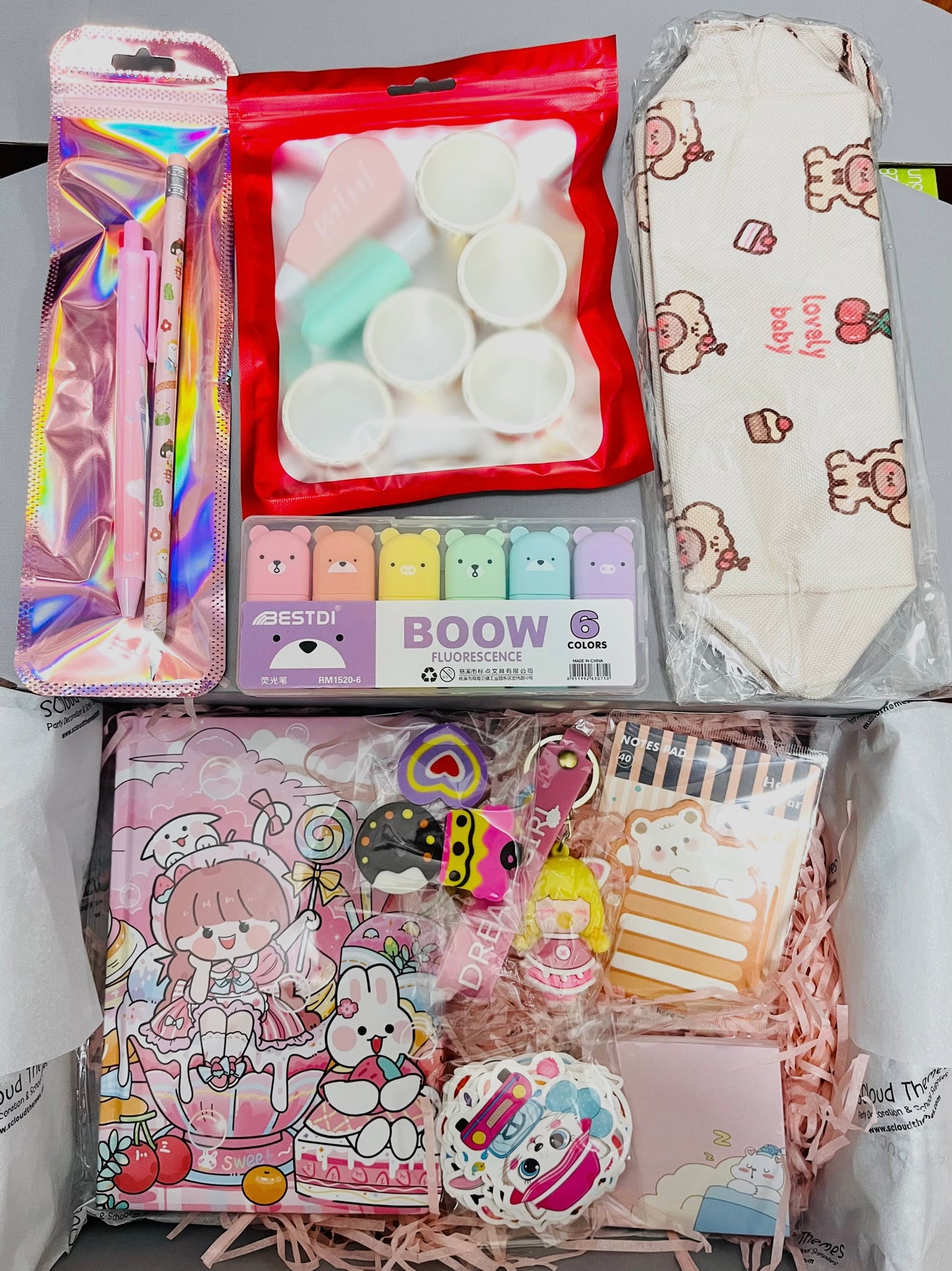 Kawaii Stationery Gift Box Bundle |  Mystery Box of Notebooks, Washi Tape, Sticky Notes, Stickers, Pens, Pencils, Erasers, Whiteout, Memo