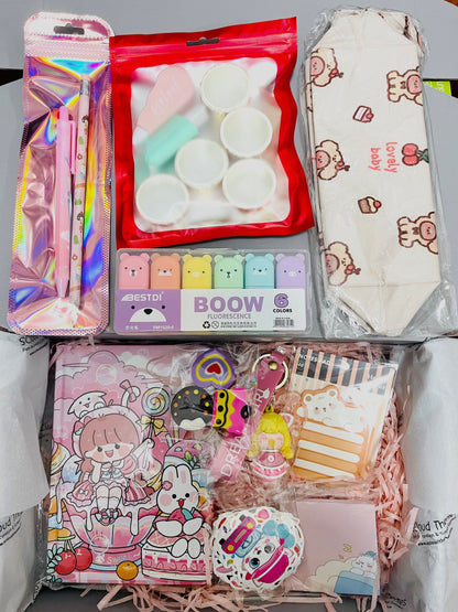 Kawaii Stationery Gift Box Bundle |  Mystery Box of Notebooks, Washi Tape, Sticky Notes, Stickers, Pens, Pencils, Erasers, Whiteout, Memo