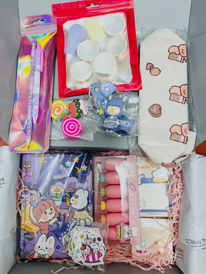 Kawaii Stationery Gift Box Bundle |  Mystery Box of Notebooks, Washi Tape, Sticky Notes, Stickers, Pens, Pencils, Erasers, Whiteout, Memo